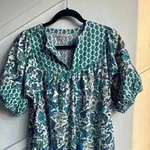 KNOX ROSE dress Puff Sleeve Blue White Bohemian Floral Tassel Tie Size S - Picture 3 of 11